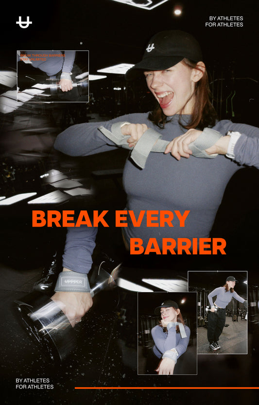 uppper home page mobile banner image with lifestyle shot of athlete in gym performing exercise and posing in grey lifting straps and black cap with u logo