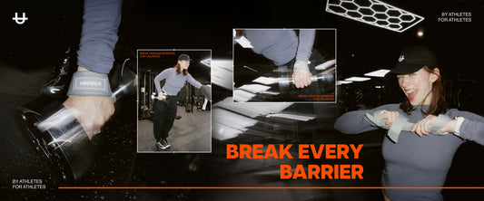 uppper home page web banner image with lifestyle shot of athlete in gym performing exercise and posing in grey lifting straps and black cap with u logo